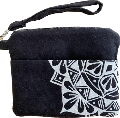 product photo:  black clutch with ivory design