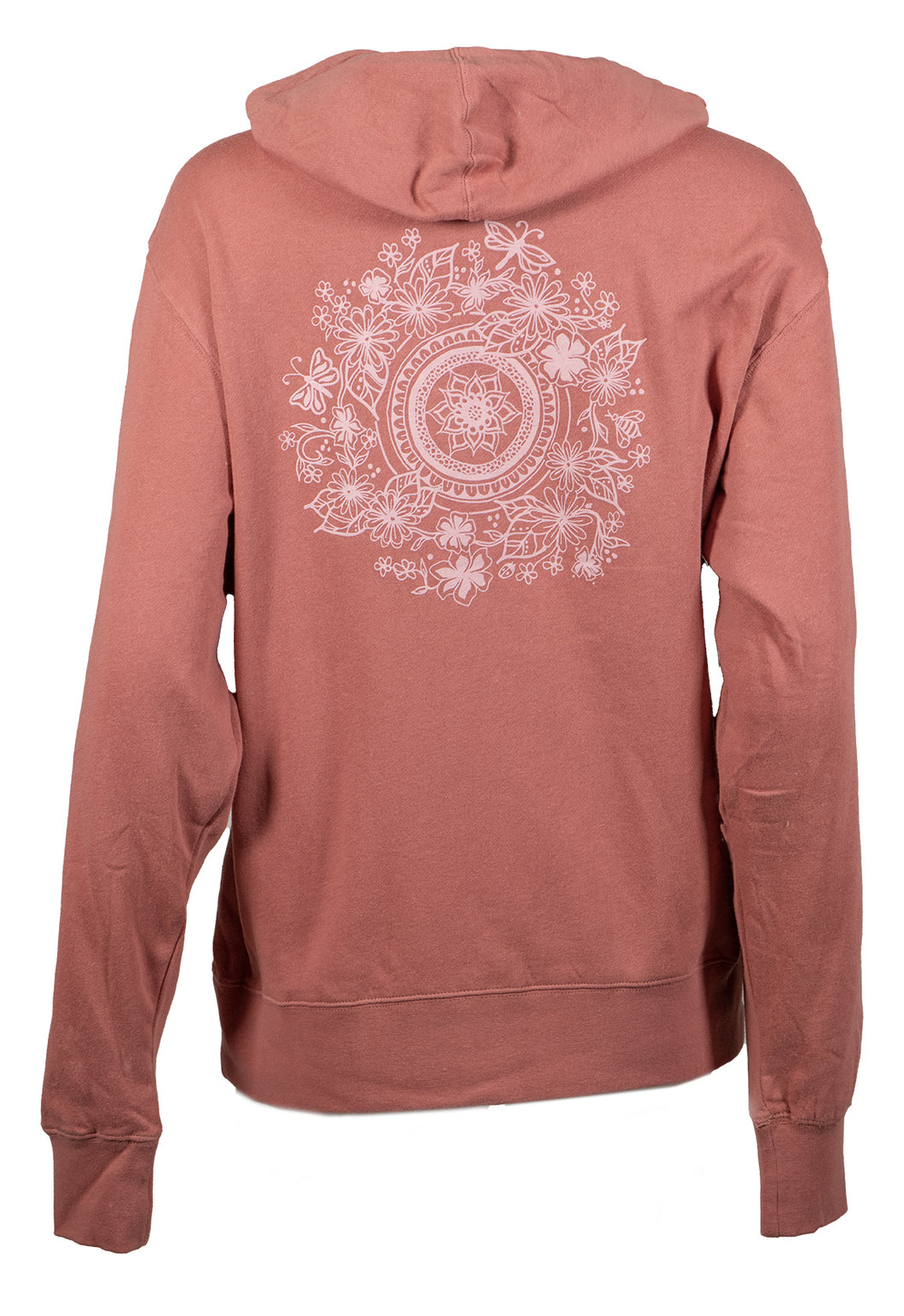 Back view of the Zippered Flower Mandala Sweatshirt in rose.