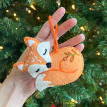 Load image into Gallery viewer, Sleeping Fox Embroidered Wool Christmas Ornament (provides 6 meals)