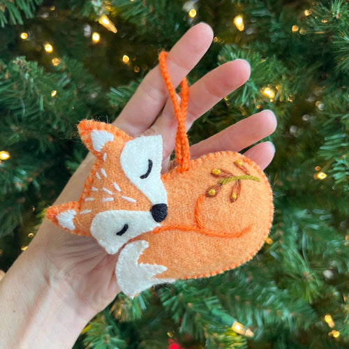 Sleeping Fox Embroidered Wool Christmas Ornament (provides 6 meals)