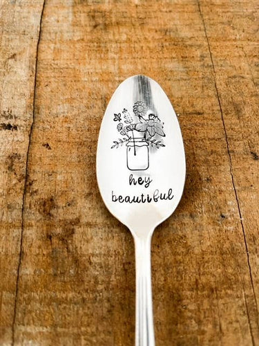 Hey Beautiful Floral Mason Jar Vintage Stamped Spoon (provides 5 meals)