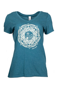 Women's Beach V-neck T-shirt in Heathered Teal with ivory design