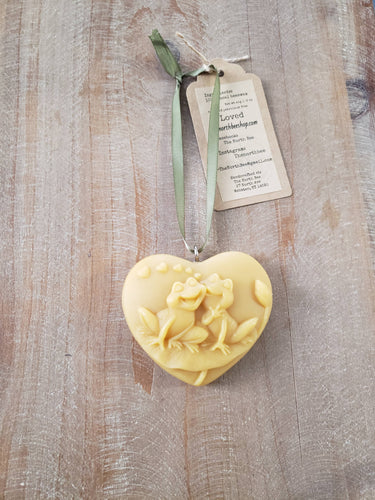 100% Beeswax Ornament - LOVED - Frogs in a Heart