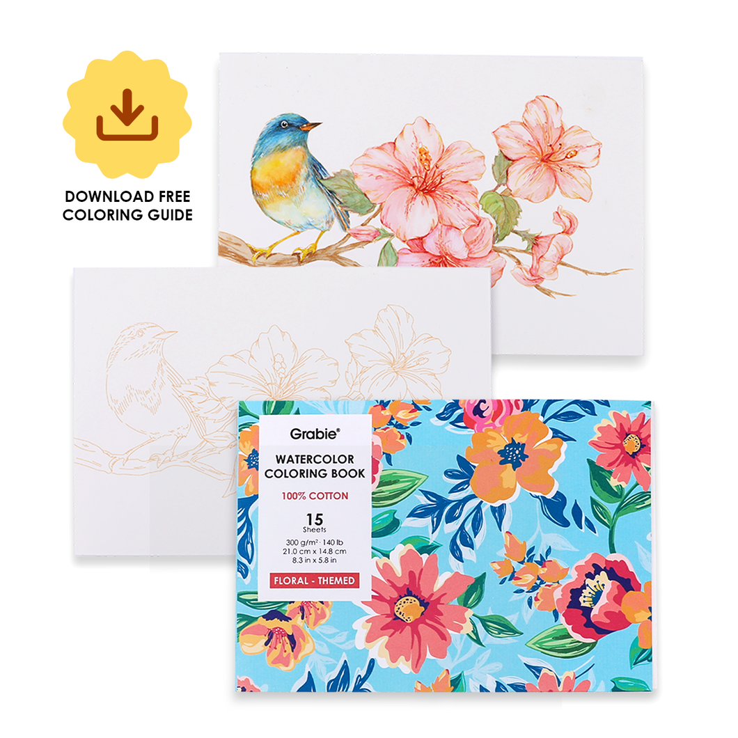 Grabie 15 Sheets 140LB Floral-Themed Watercolor Coloring Book (provides 6 meals)