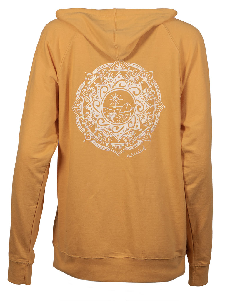 Mustard Zippered Hooded Sweatshirt back with Beach Inspired Mandala