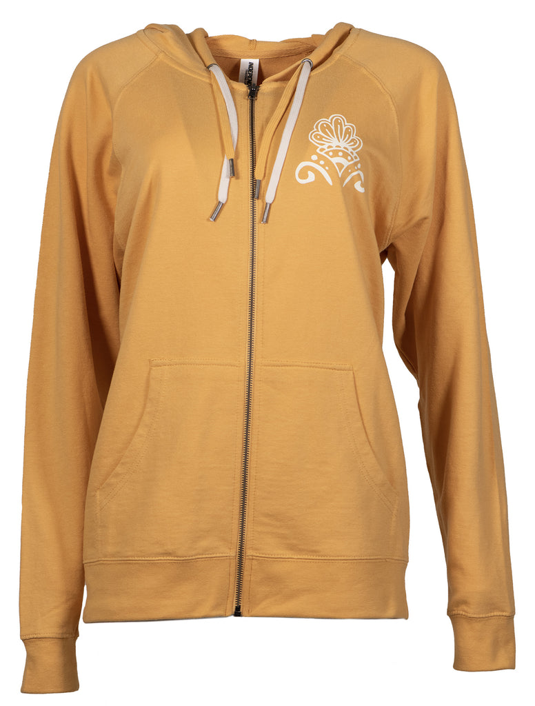 Mustard Zippered Hooded Sweatshirt Front with Mandala detail