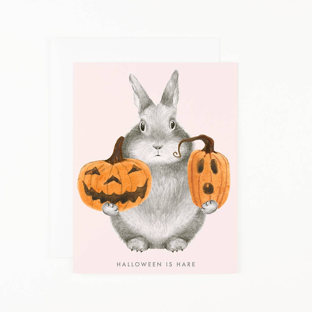 Product Image: Greeting Card - Rabbit with Pumpkins with Text Halloween is Hare