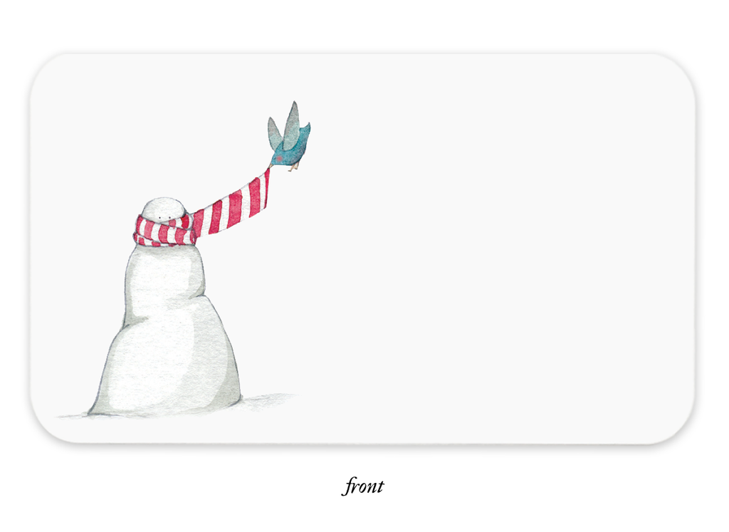 Product Image of the front of the card - a snowman with a scarf pulled on by a bird