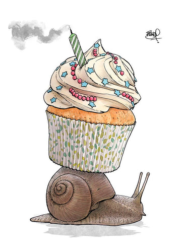 Belated Birthday Card - A Snail carrying a cupcake