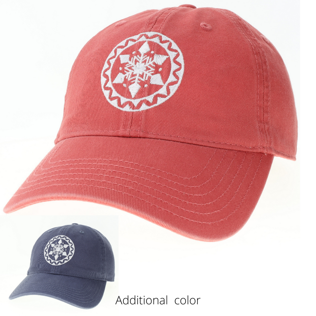 Product Image - Front View - Red Baseball style hat with embroidered Snowflake mandala in white - also shows addition color gray hat