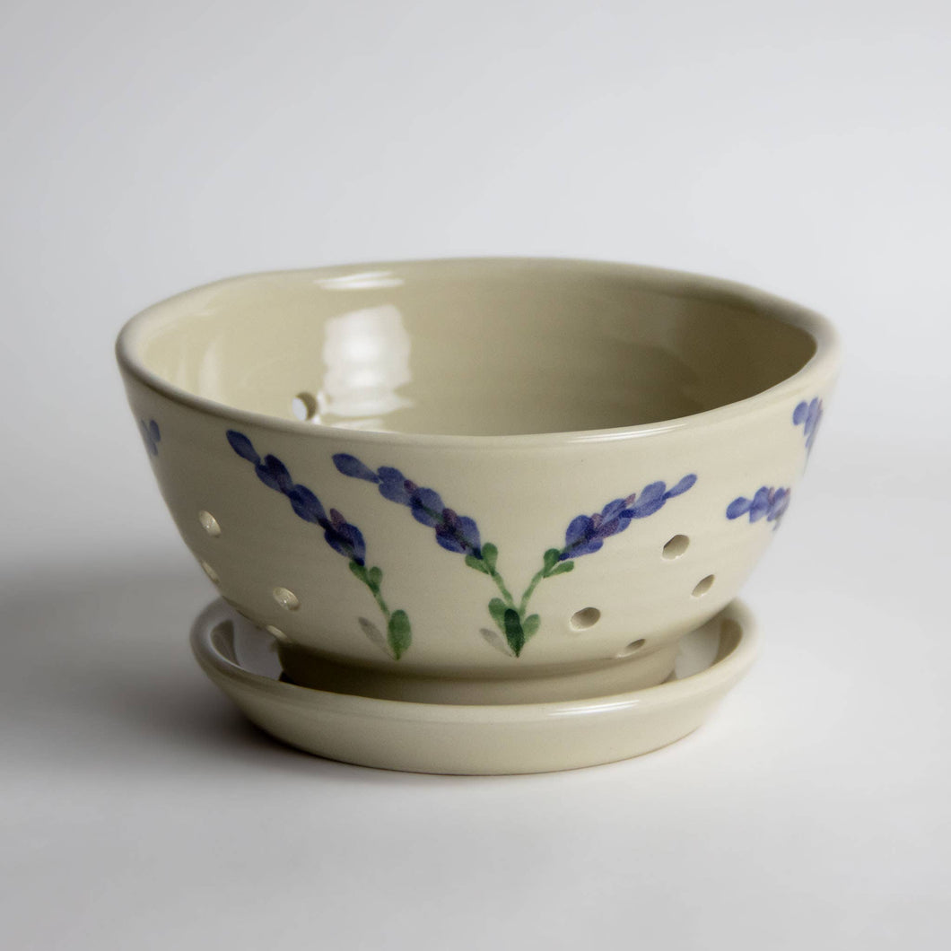 Berry Colander w/Saucer - with hand painted  Lavender Flowers