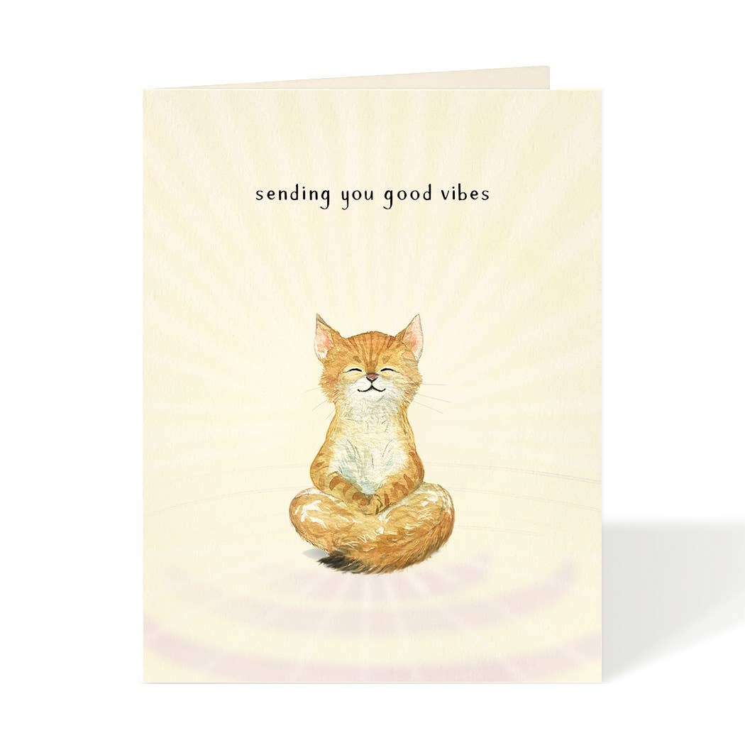 Greeting Card - Good Vibes  - Image of Cat Meditating - sending you good vibes