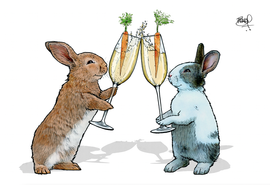 Cheers card - two bunnies toasting Champaign  with carrots 