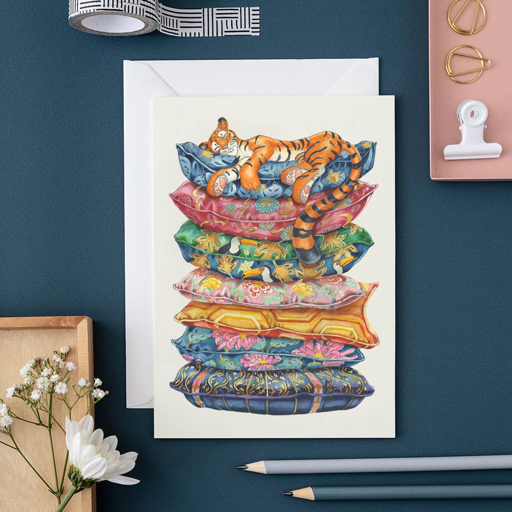 Product Image : Greeting Card - Tiger asleep on a pile of cushions