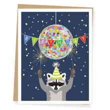 Load image into Gallery viewer, Disco Raccoon Birthday Card (provides 2 meals)