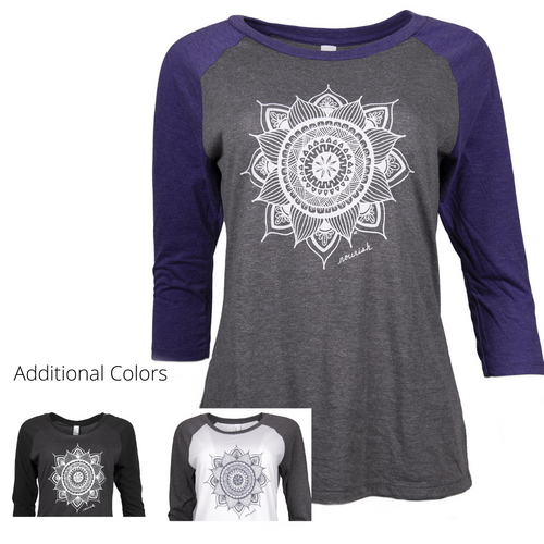 Product Image ( white small images for two additional colors) Front View - Women's Raglan 3/4 Sleeve T-shirt - grey with purple sleeves and a large white mandala in the center.  Addition color - Gray with black sleeves and white mandala. Additional Color White with grey sleeves and a grey mandala