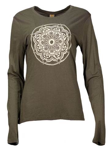 Product Image : Front View - Women's Bamboo Long Sleeve Olive Green T-Shirt with large ivory mandala design in the center