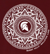 Load image into Gallery viewer, Close up view of Custom BH-BL Mandala Design in white on Red / Maroon shirt