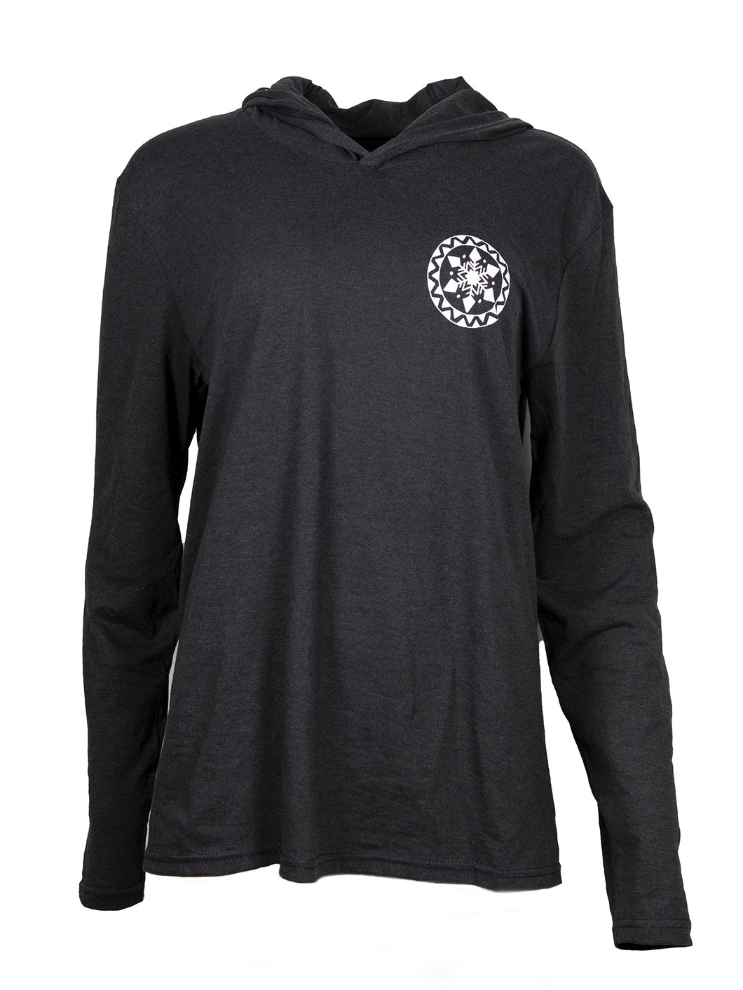 Product Image : Front View - Unisex Hooded T-shirt dark gray with small white snowflake mandala over left chest