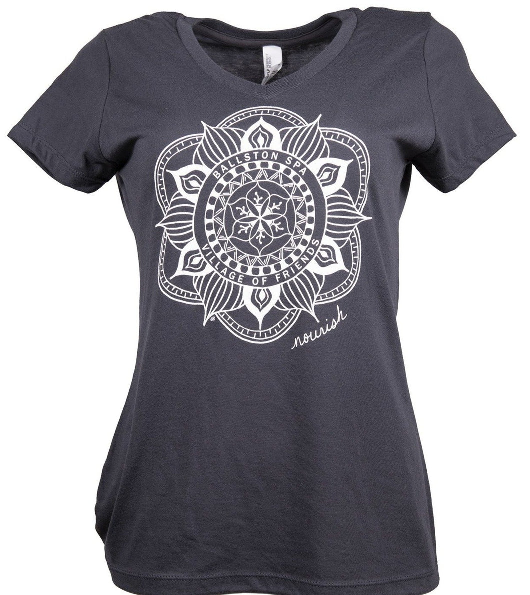 Product Image : Front View - Grey - Women's  V-neck Tee with large white Ballston Spa Mandala in the center