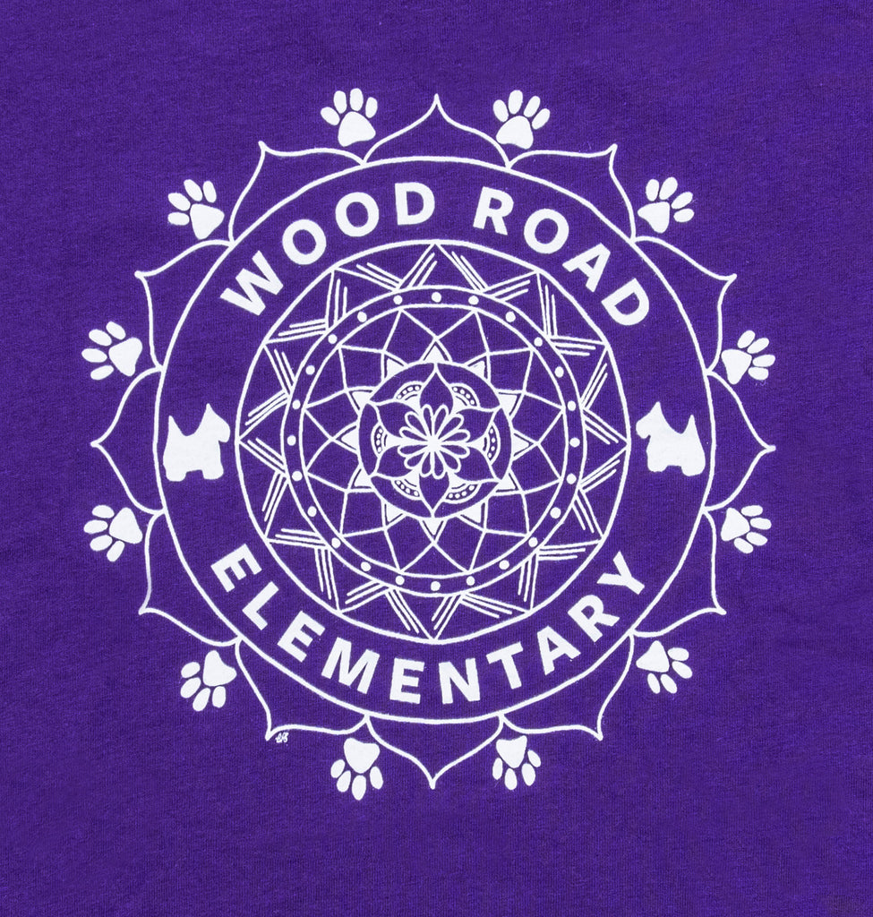 Close-up View of The White Custom Wood Road Elementary School Mandala Design on Purple