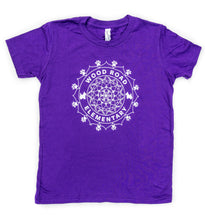Load image into Gallery viewer, Product Image - Front View - Purple Youth T shirt with a large White Custom Wood Road Elementary School Mandala Design in the Center