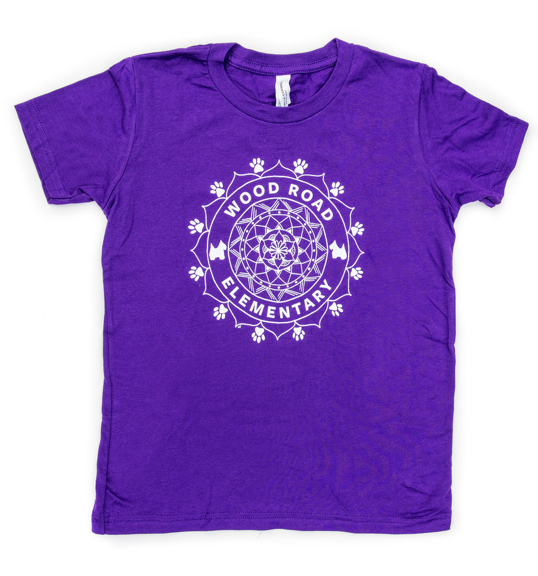 Product Image - Front View - Purple Youth T shirt with a large White Custom Wood Road Elementary School Mandala Design in the Center