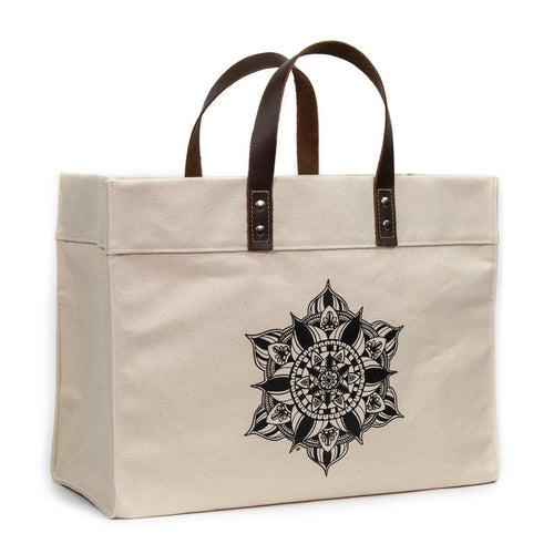 mandala tote bag with leather handles, nourish designs