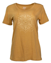 Load image into Gallery viewer, Product Image : Front View - Women&#39;s Crew-neck Tee - Mustard with a large ivory sun mandala design in the center. 