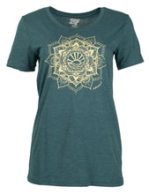 Load image into Gallery viewer, Product Image : Front View - Women&#39;s Crew-neck Tee in Teal  with a large ivory sun mandala design centered