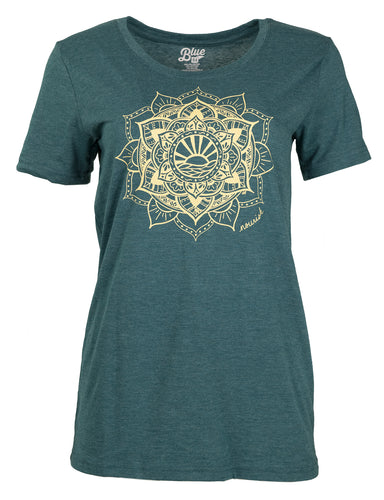 Product Image : Front View - Women's Crew-neck Tee in Teal  with a large ivory sun mandala design centered