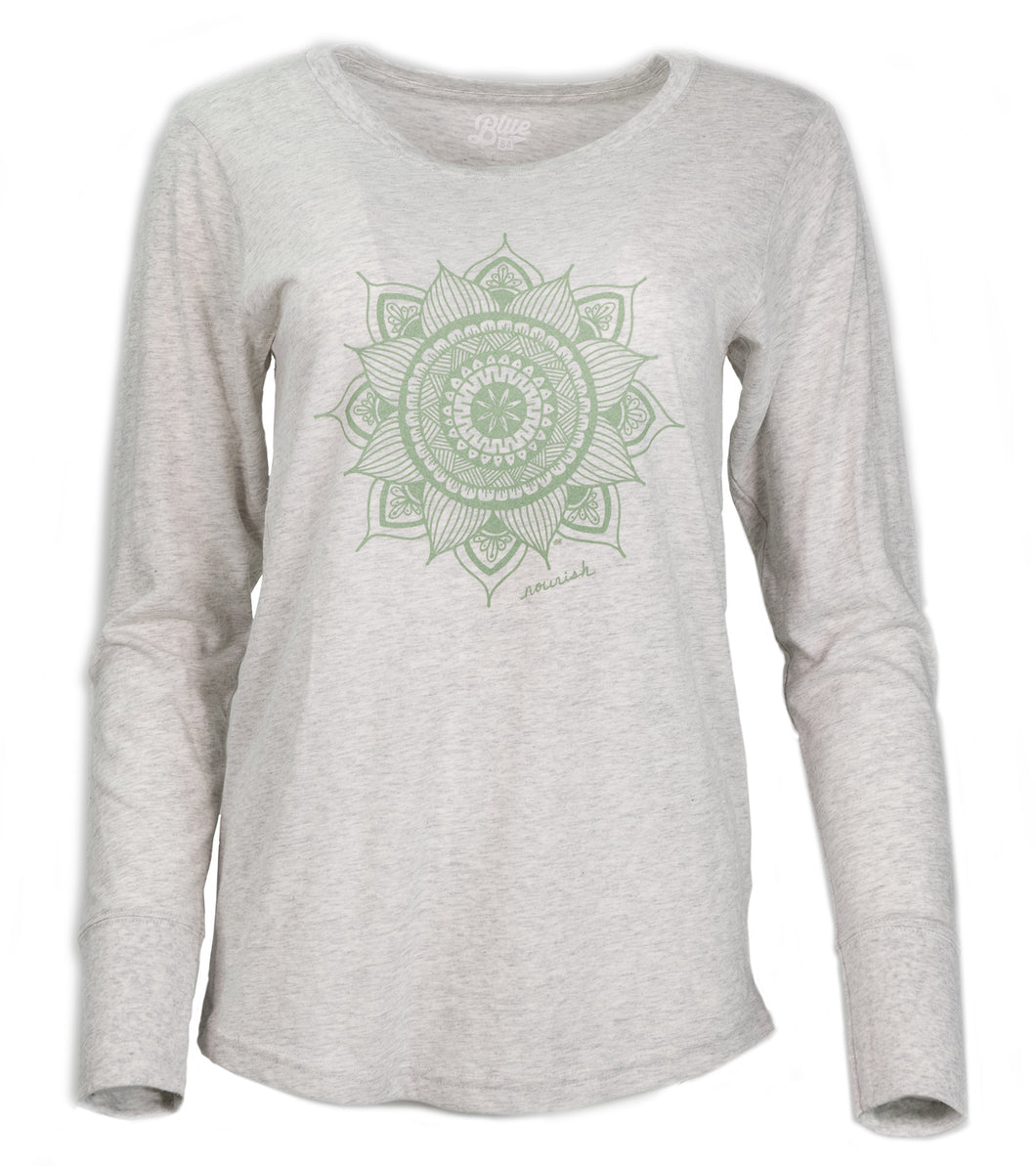 Product Image : Front View - Women's Long Sleeve Crew-neck Tee - Oatmeal with a large green mandala design in the center