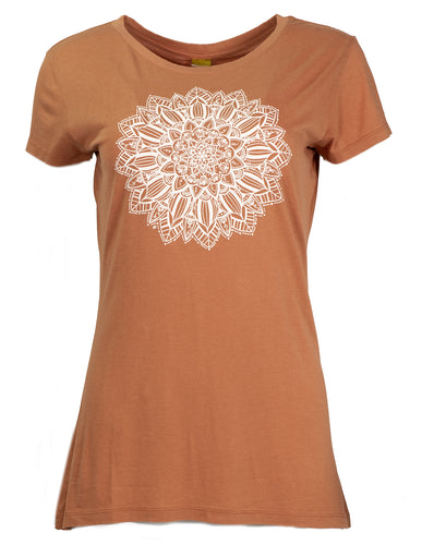 Product Image : Front View - Women's Bamboo T-Shirt - Rust with a large white pumpkin inspired mandala design in the center