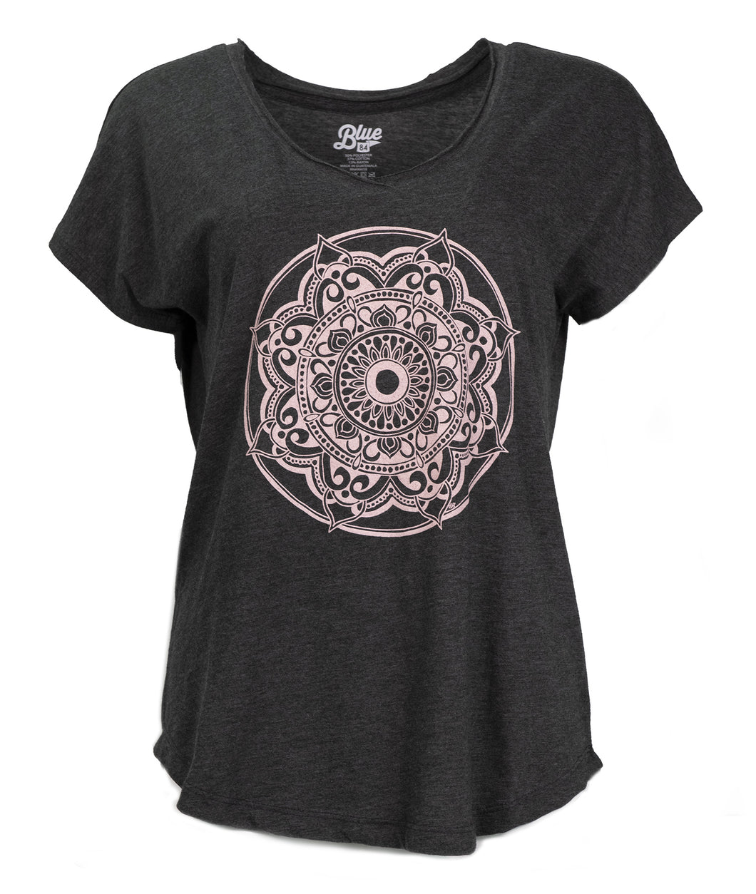 Product Image : Front View - Black Women's Tri-blend V-neck Tee with a large light pink mandala design centered