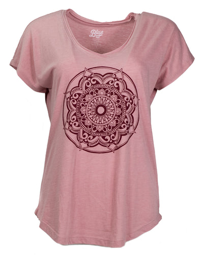 Product Image - Front View - Women's Tri-blend V-neck tee in mauve with a large dark pink mandala design in the center
