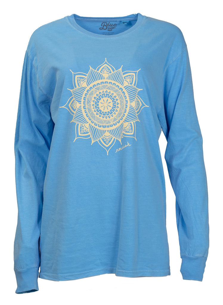 Product Image : Unisex Cotton SkyBlue Long-Sleeved Crew with large ivory mandala in center