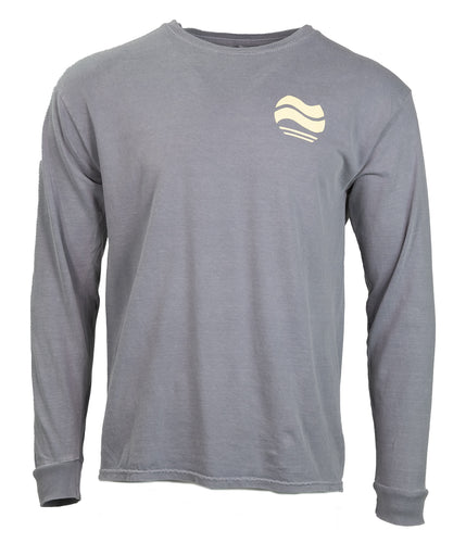 Product Image : front view - Unisex Cotton Grey Long-Sleeved Crew with small Ivory abstract wave design  over left chest