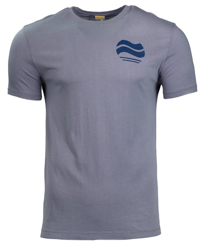 Product Image : Unisex Bamboo T-Shirt with dark blue abstract design on slate blue shirt - small over left chest pocket area 
