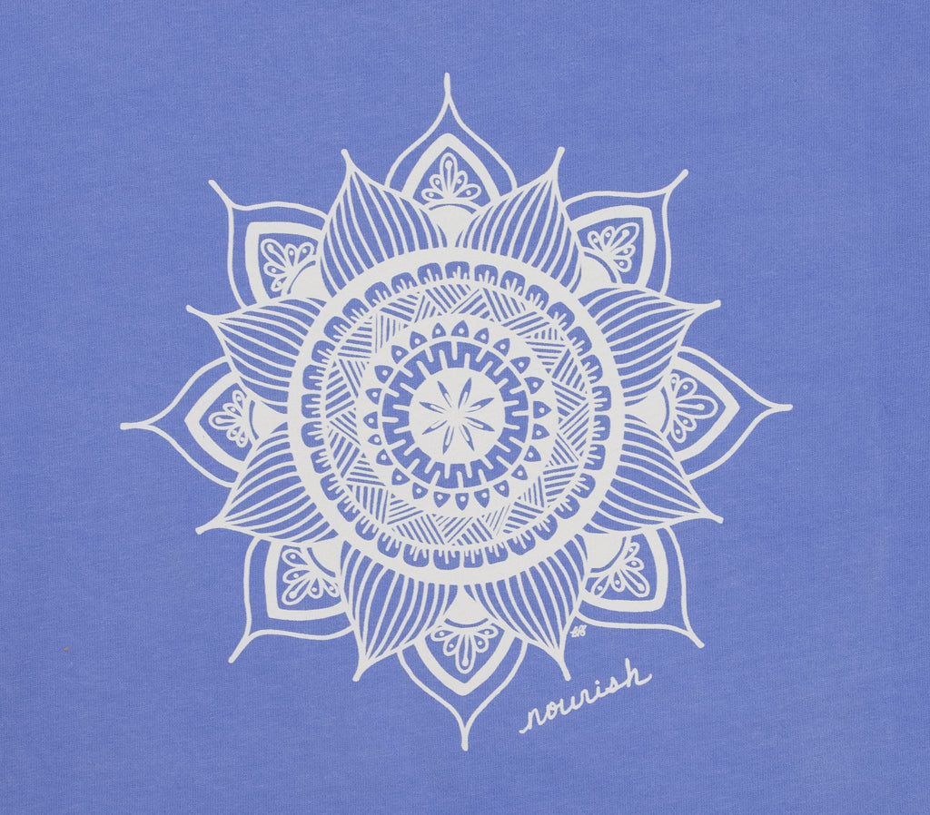 Close-up image of the large white mandala design on Periwinkle