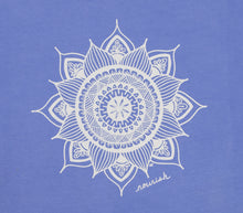 Load image into Gallery viewer, Close-up image of the large white mandala design on Periwinkle