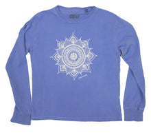 Load image into Gallery viewer, Product Image : Front View  - Periwinkle Youth Cotton Long Sleeve T-shirt with a large white mandala design in the center