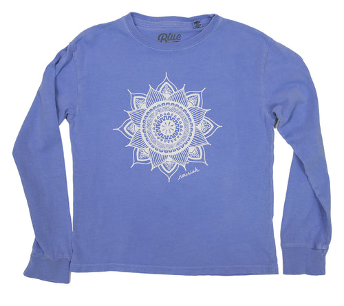 Product Image : Front View  - Periwinkle Youth Cotton Long Sleeve T-shirt with a large white mandala design in the center