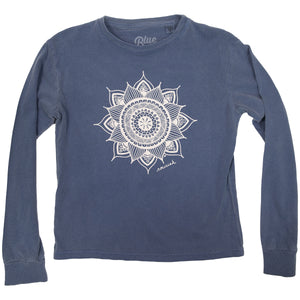 Product Image : Front View - Navy Youth Cotton Long Sleeve T-shirt  with a large white mandala design in the center