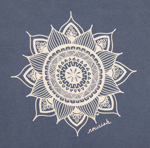 Close-up view of the white Mandala Design on Blue