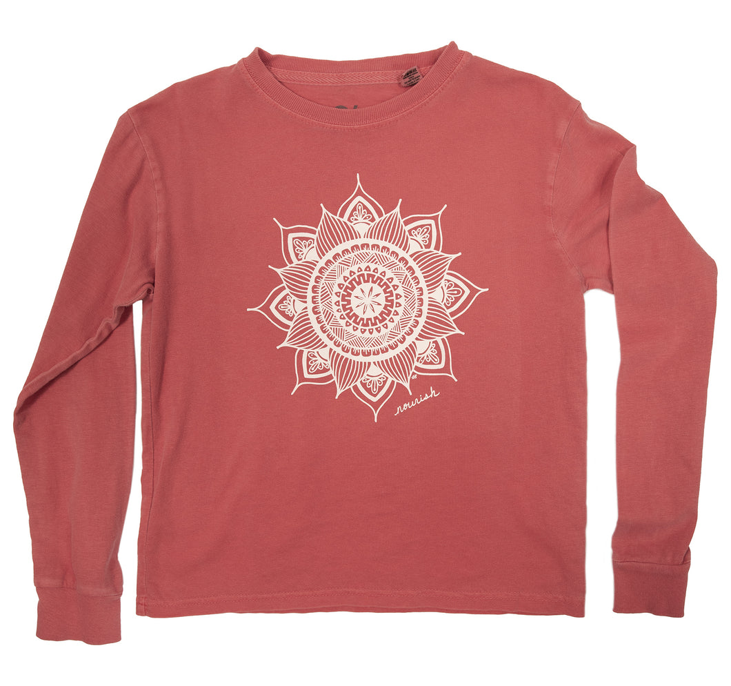 Product Image : Front View - Papaya Youth Cotton Long Sleeve T-shirt  with a large white mandala design in the center