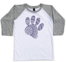 Load image into Gallery viewer, Product Image : Front View - Youth Raglan white tee with grey sleeves  - large purple paw mandala design in the center