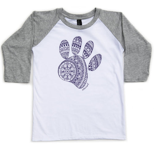 Product Image : Front View - Youth Raglan white tee with grey sleeves  - large purple paw mandala design in the center