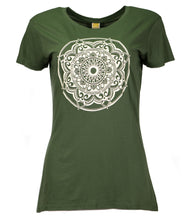 Load image into Gallery viewer, Product Image : Front View - Women&#39;s Bamboo Green T-Shirt with large ivory mandala design in the center