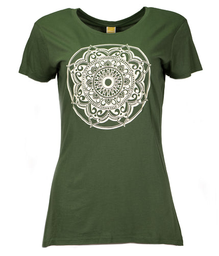 Product Image : Front View - Women's Bamboo Green T-Shirt with large ivory mandala design in the center