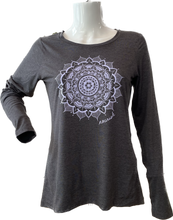 Load image into Gallery viewer, Product Image : Front View - Women&#39;s Long-sleeved Athletic Crew - Grey with large light lavender mandala design in the center